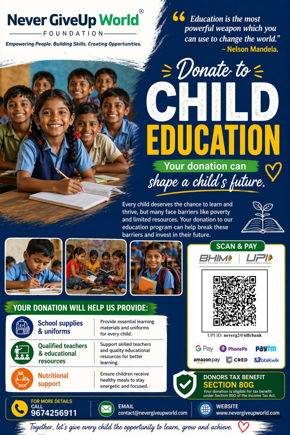 Donate to Child Education - Never Give Up World Foundation